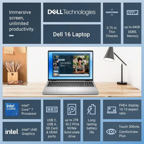 Miniatura 2 de Dell Computadora portátil 16, procesador Intel Core 7 150U, pantalla táctil FHD+ IPS de 16 pulgadas, pantalla antirreflejo, 32 GB DDR5 RAM, 1 TB