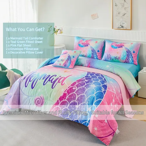Miniatura 2 de RYNGHIPY Juego de ropa de cama tamaño matrimonial de sirena para niñas, colorido arco iris, juego de edredón con sábanas suaves y ligeras, 6 piezas