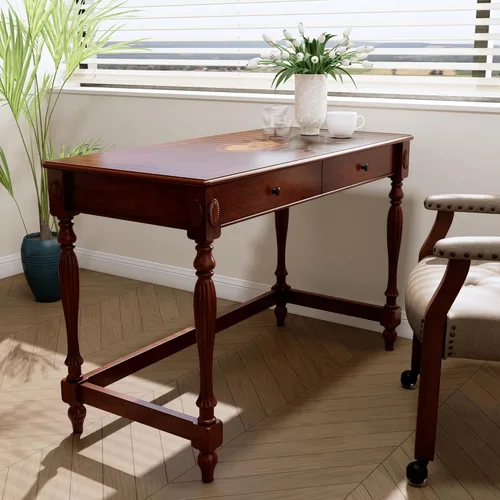Miniatura 13 de Escritorio de madera maciza para computadora con 2 cajones de almacenamiento, mesa de tocador tradicional, escritorio pequeño de oficina en casa