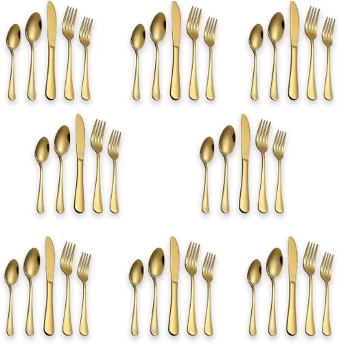 Berglander Juego de cubiertos de 40 piezas, acero inoxidable con chapado en oro de titanio, juego de cubiertos de color dorado, cubiertos, servicio
