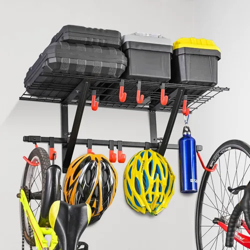 PLKOW Estantería de pared de garaje, 1 paquete incluye 2 ganchos para bicicleta, estantes de pared, organizador de garaje con colgador vertical para