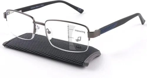 Missfive Lentes de lectura multienfoque prémium para hombre, bloqueo de luz azul, marco de metal progresivo sin bisagra de resorte rota, lentes