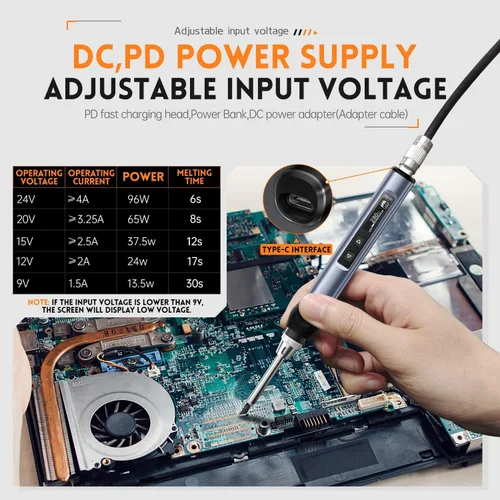 Miniatura 5 de FNIRSI Kit de soldador, mini soldador digital DC/PD (96W/65W), calentamiento rápido de 180-780℉, 6 puntas de soldadura, pantalla OLED digital, Negro