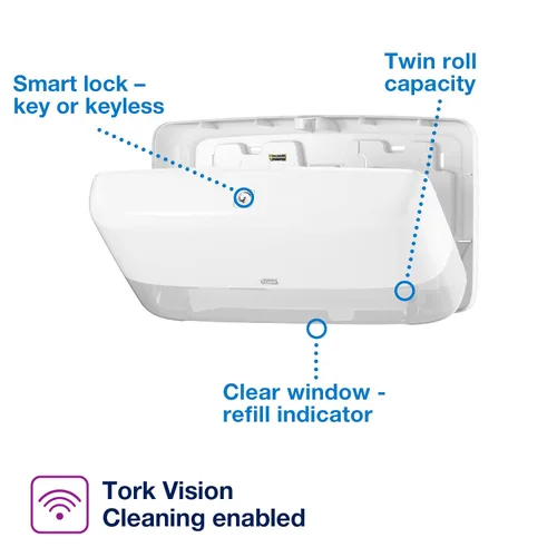 Miniatura 3 de Tork Twin Mini Jumbo - Dispensador de rollos de papel higiénico, color blanco, T2 + recarga, rollo de papel higiénico mini jumbo (12 x 1075 hojas)