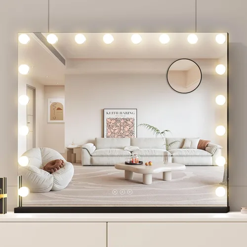 Miniatura 15 de Espejo de tocador con luces, espejo de maquillaje iluminado con bombillas LED regulables, 3 modos de iluminación de color, puerto de carga USB, Negro
