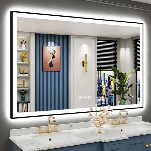 Miniatura 73 de 30x36 Espejo de baño LED con luces, retroiluminado y luz frontal, espejo de tocador iluminado antivaho para pared de baño, 3 colores, regulable
