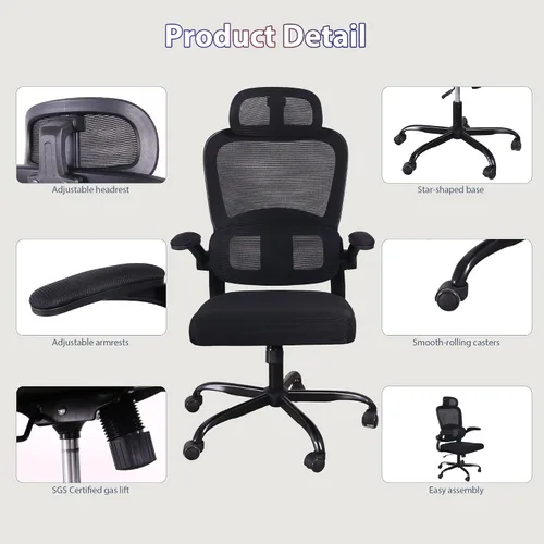 Miniatura 8 de Silla de oficina ergonómica, silla de escritorio de oficina con malla de respaldo alto y soporte lumbar ajustable, sillas giratorias de trabajo