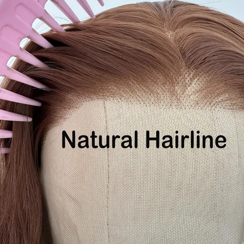 Miniatura 6 de RONGDUOYI Pelucas de encaje frontal sintético marrón 30 para mujer, 13 x 4, peluca larga de onda profunda, raya en medio, línea capilar natural, uso
