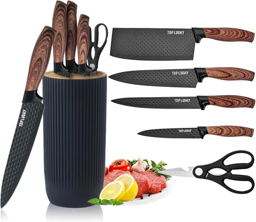 Miniatura 8 de Juego de cuchillos de cocina profesional de 7 piezas con bloque universal de cuchillos, juego de bloques de cuchillos súper afilados con mango Beige