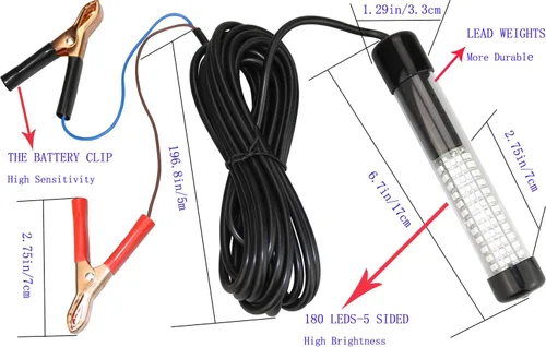 12 V 14 W 180 LEDs 1300 lúmenes LED sumergible Pesca Luz submarina buscador de peces lámpara con cable de 16.4 ft
