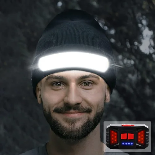 Miniatura 8 de Easymaxx Paquete de 2 Gorros con Linterna Frontal Recargable, 1200 Lúmenes LED Gorro con Luz de Haz Ancho Integrada, 6 Modos, Gorro de Invierno