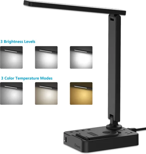 Miniatura 2 de Drevet Lámpara de escritorio LED con cargador inalámbrico, luz de mesa de escritorio con puerto de carga USB y 2 tomas de corriente, 3 modos