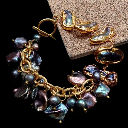 Miniatura 4 de Pulsera de cadena de perlas Keshi de 7.9in cultivadas de perlas biwa negras #3211