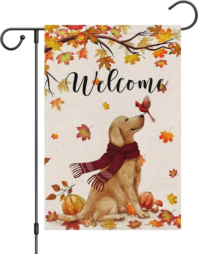 Bandera de jardín de bienvenida de otoño de 12 x 18 pulgadas de doble cara de arpillera, banderas de patio Golden Retriever Dog Cardinal para