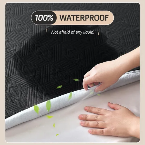 Miniatura 3 de Protector de colchón negro jacquard 100% impermeable tamaño individual, silencioso, antideslizante, transpirable, rayón de bambú, acolchado, sábana