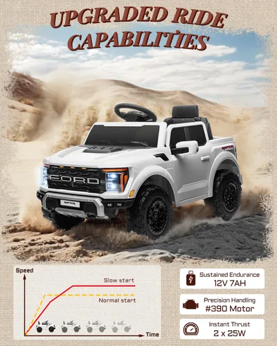 Miniatura 8 de First Ride On Ford F-150 Raptor con Licencia - Camión de Paseo para Niños de 12V, Juguetes de Montar para Niños Pequeños con Control Remoto, Blanco