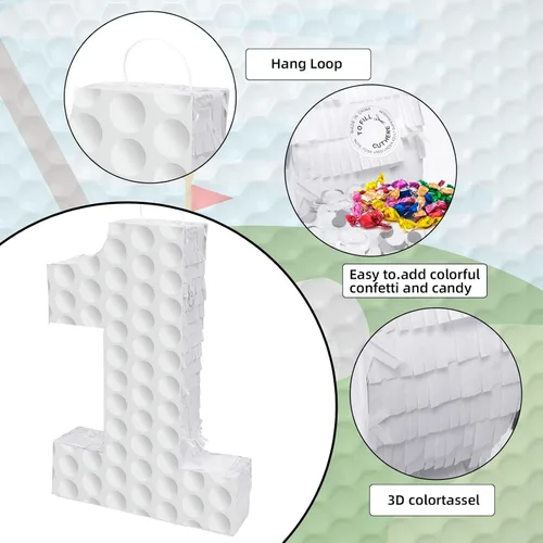 Miniatura 3 de Decoraciones de cumpleaños de golf, piñata número 3 con palo vendados y confeti, piñata temática deportiva, suministros para fiesta de tercer