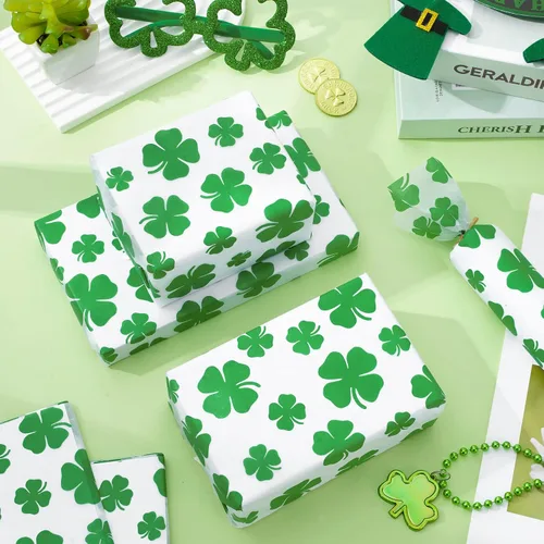 Miniatura 5 de Whaline 100 hojas de papel de seda para el día de San Patricio, acuarela, trébol, papel de regalo de trébol verde, papel de regalo para el hogar