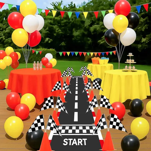 Miniatura 7 de Patimate Decoración de fiesta de cumpleaños de auto de carreras, 70 conos de tráfico con agujero, banderas a cuadros, camino de pista de carreras