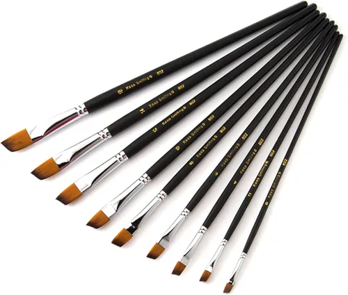 Miniatura 4 de Juego de 9 pinceles angulares de mango largo para artista, pelo sintético de calidad y mango de madera para pintura al óleo de acuarela acrílica