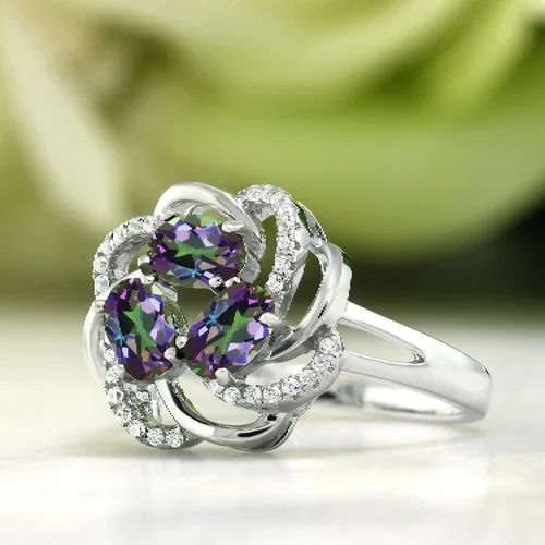 Miniatura 9 de Gem Stone King Flower Blossom Gemstone Birthstone Ring in 925 Sterling Silver 3-Stone Oval 6X4MM with Sparkling Accents Wedding Anniversary
