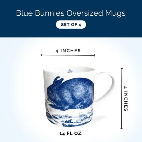 Miniatura 2 de Caskata Bunnies Blue - Juego de 4 tazas de porcelana de gran tamaño, sin plomo, de alta calidad, para entretenimiento o uso diario, tazas de fiesta