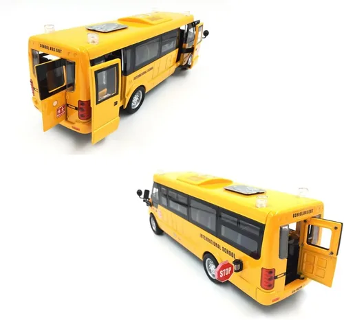 Miniatura 3 de Autobús escolar de retroceso de 9 pulgadas, vehículos de juguete de metal fundido a presión que se iluminan y hacen sonidos con amarillo brillante