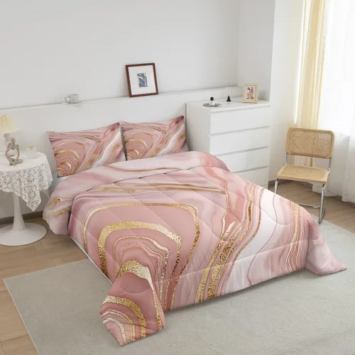 Miniatura 2 de Erosebridal Juego de edredón de mármol rosa dorado para niños y niñas, ropa de cama de mármol metálico, juegos de edredón de textura de mármol