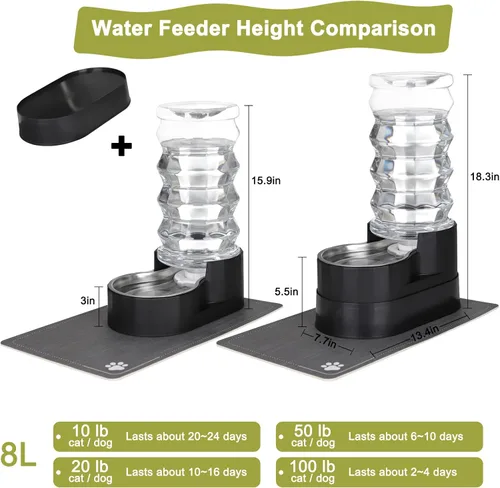 Miniatura 2 de RIZZARI Dispensador de agua grande para perros: 8L de gravedad elevada en negro, dispensador automático de acero inoxidable con cepillo Perla