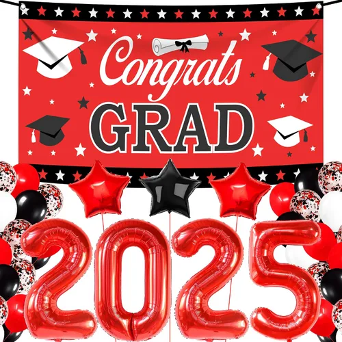 KatchOn, Juego de 40 decoraciones de graduación rojas y negras 2025, globos rojos 2025, pancarta de felicitaciones para graduación de clase de 2025,
