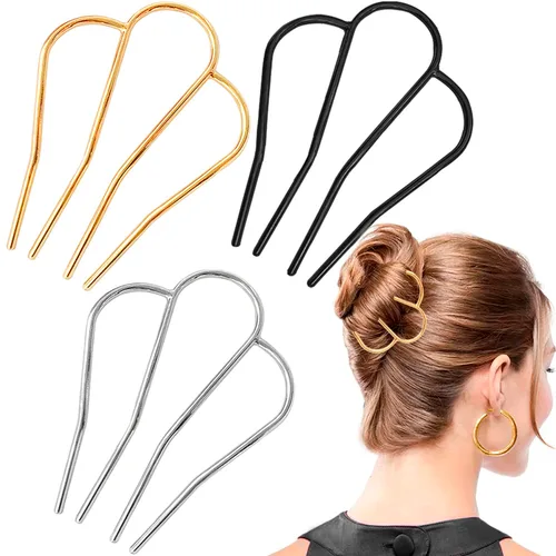 LAPOHI 3 peines laterales para moño, palillos grandes en forma de U, peines para peinados estilo vintage, accesorios para el cabello (negro, dorado