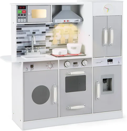 INFANS Juego de cocina para niños, juego de cocina de madera con luz y sonido realistas, estufa, fregadero, microondas, armario de almacenamiento,