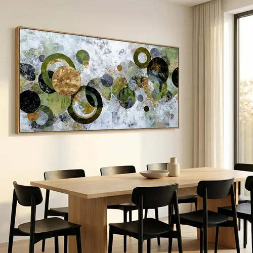 Miniatura 2 de JLXART Lienzo abstracto enmarcado, arte para la pared, moderno círculo verde dorado y negro, pintura colorida, obra de arte texturizada, lista