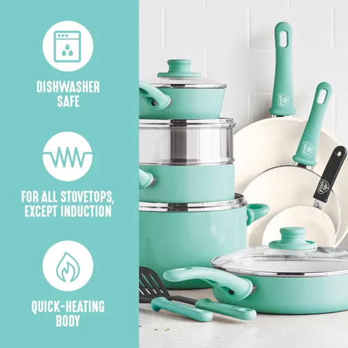 Miniatura 5 de GreenLife Soft Grip - Juego de utensilios de cocina de 16 piezas, cerámica antiadherente no tóxica sin PFAS, ollas, sartenes, salseras, sartén