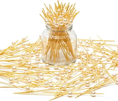 Miniatura 7 de Okuna Outpost Palillos de dientes para aperitivos, 4.7 pulgadas, perla blanca, 150 unidades, brochetas de bambú para selecciones de cóctel