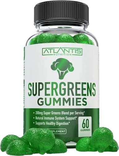 Atlantis Nutrition Supergreens Gomitas - Suplemento diario de superalimentos verdes con espinacas, brócoli, moringa, remolacha, apio, té verde y