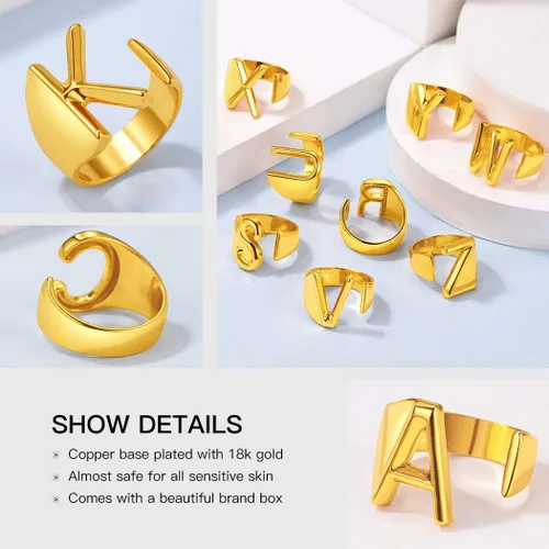 Miniatura 5 de Suplight - Anillo abierto ajustable con diseño de letra del alfabeto A-Z, chapado en oro de 18 quilates, libre de níquel, monograma de moda, inicial