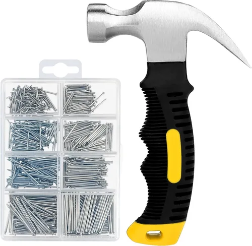 KURUI Kit surtido de 700 uñas y martillo de 8 onzas, martillo pequeño para colgar decoración artística de pared, marco de fotos, 350 clavos de