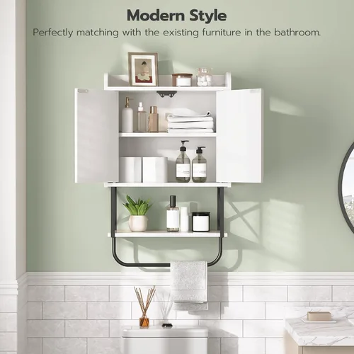 Miniatura 5 de HOOBRO Gabinete de pared para medicina con espejo, gabinete de almacenamiento de baño con espacio oculto y barra de toalla, puertas dobles