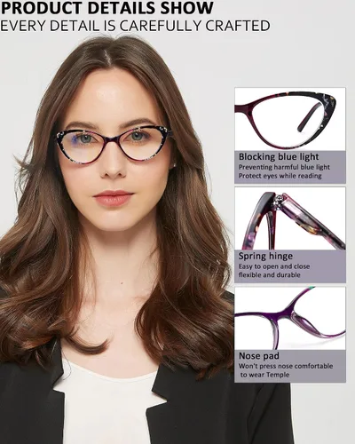 Miniatura 4 de EYEURL Gafas de lectura de ojo de gato para mujer, juego de 2 lentes de lectura con bloqueo de luz azul + 1.5 lentes de calidad para mujer, marco