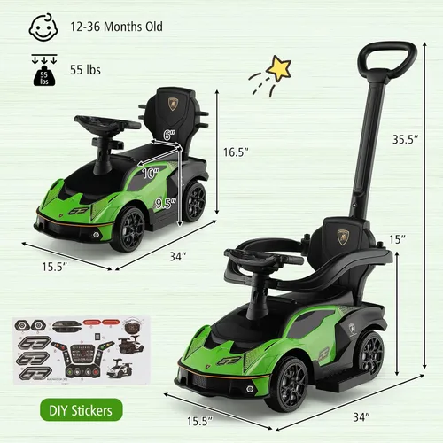 Miniatura 6 de Costzon Coches de empuje para niños pequeños, Lamborghini 3 en 1 con licencia con licencia Lamborghini, auto deslizante para caminar con asa, Verde