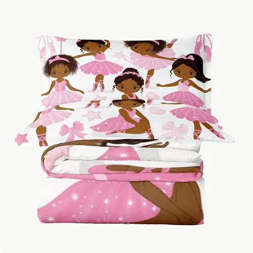 Miniatura 8 de Juego de ropa de cama individual para niñas, juego de edredón mágico afroamericano con bailarina de ballet, juego de cama rosa para niños pequeños