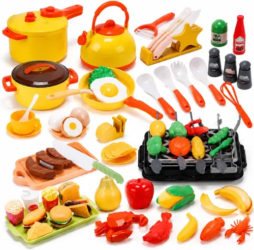 CUTE STONE Accesorios de cocina de juguete, juego de cocina para niños con ollas y sartenes de juguete, juguetes de utensilios de cocina con juego