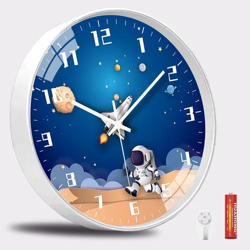Miniatura 3 de QINFIEY Reloj de pared para niños con movimiento silencioso de 12 pulgadas, reloj de pared redondo que no hace tictac, funciona con pilas