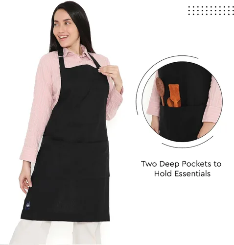 Miniatura 3 de Encasa XO Delantal de algodón ajustable con bolsillos y toallero de tamaño 27 x 33 pulgadas (negro completo) para hombres y mujeres, chefs