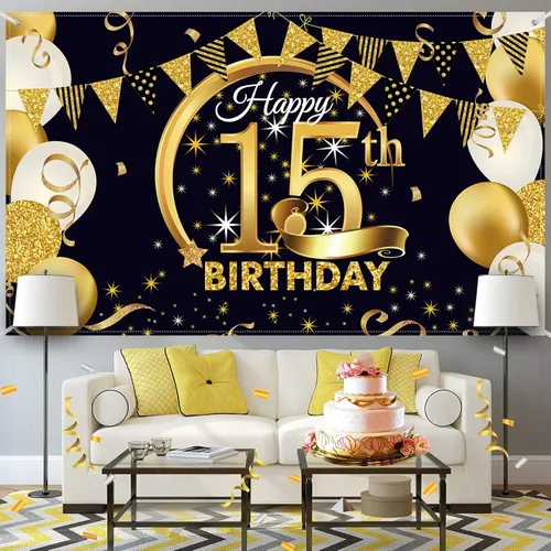 Miniatura 5 de Decoración de fiesta de cumpleaños número 15, cartel póster de tela extra grande negro y dorado para telón de fondo de cabina de fotos