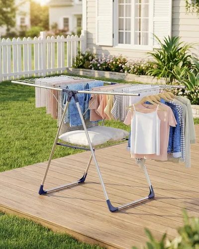 Miniatura 9 de Sakugi Tendedero de ropa con alas ajustables en altura, soporte plegable de metal para secadora de ropa y ropa de cama, plegable independiente