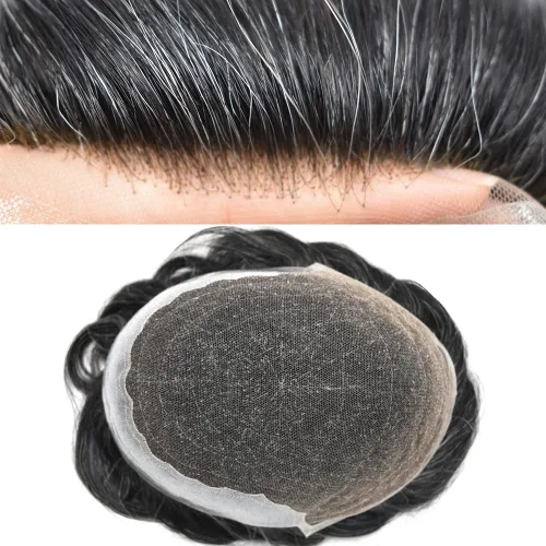 Miniatura 28 de Toupee para hombres, sistema de reemplazo de cabello humano Remy, nudos blanqueados, encaje frontal, piel fina, para hombre, color gris, pelucas