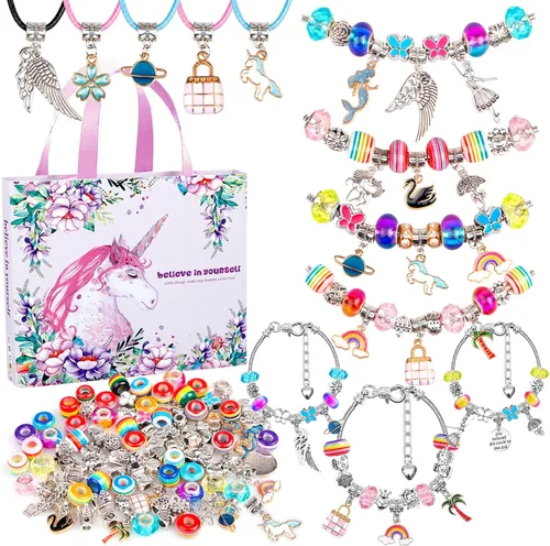 SUREHOME Kit de fabricación de joyas para niñas de 8 a 12 años, 110 piezas, kit de fabricación de pulseras de dijes, juguete de arte y manualidades