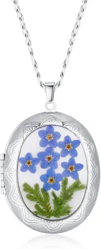 Miniatura 81 de Forget-Me-Not and Queen Anne's Lace Pressed Wildflower Necklace Birth Month Real Flower Necklace Gold/Silver Pressed Flower Jewelry